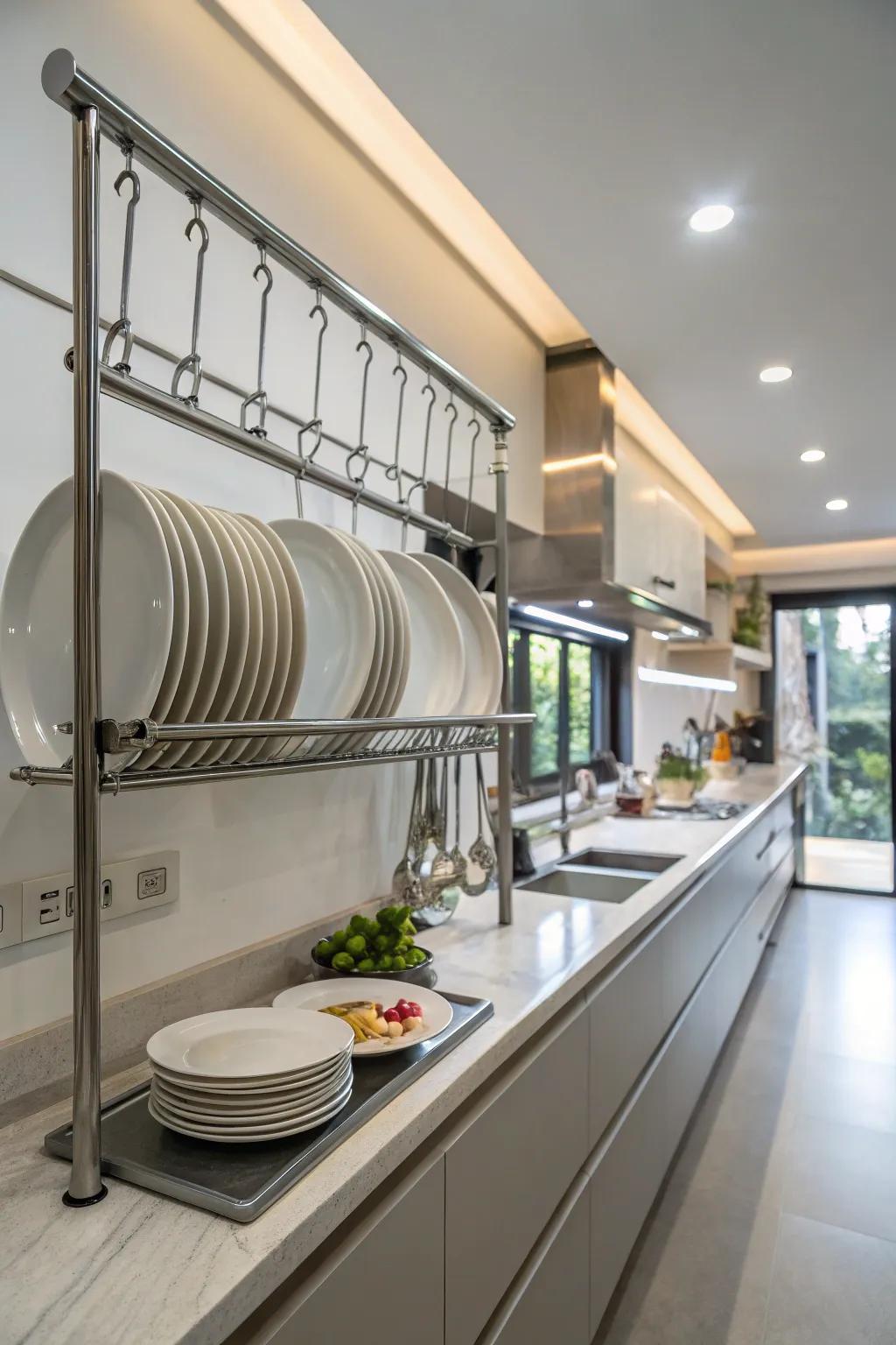 A modern culinary space showcasing a streamlined metal plate rail