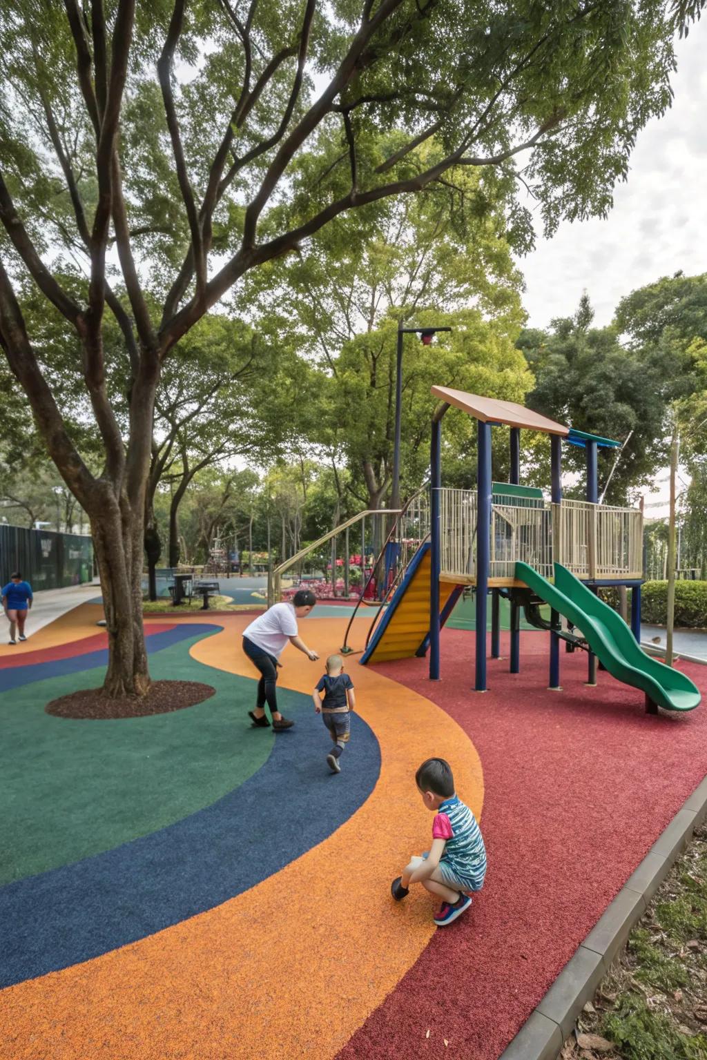 Rubber pieces are a soft, lasting ground covering made from recycled materials.