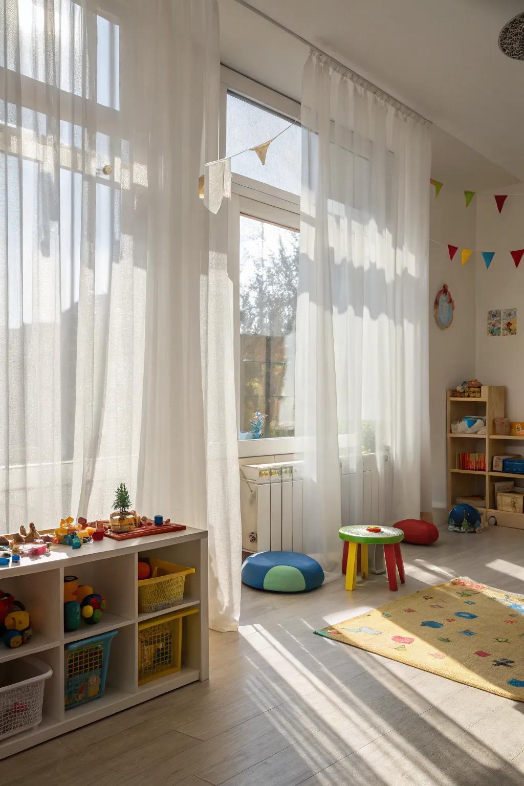 Thin drapes allow natural illumination, brightening the playroom.