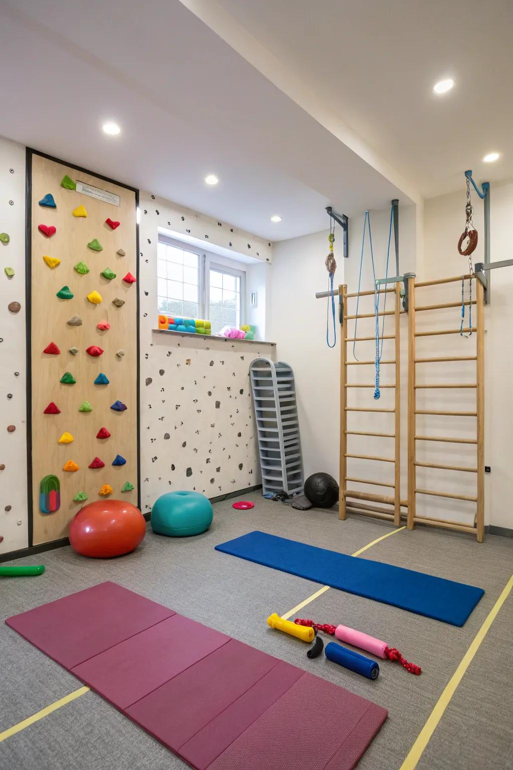 A playroom showcasing training gear to encourage wellness.
