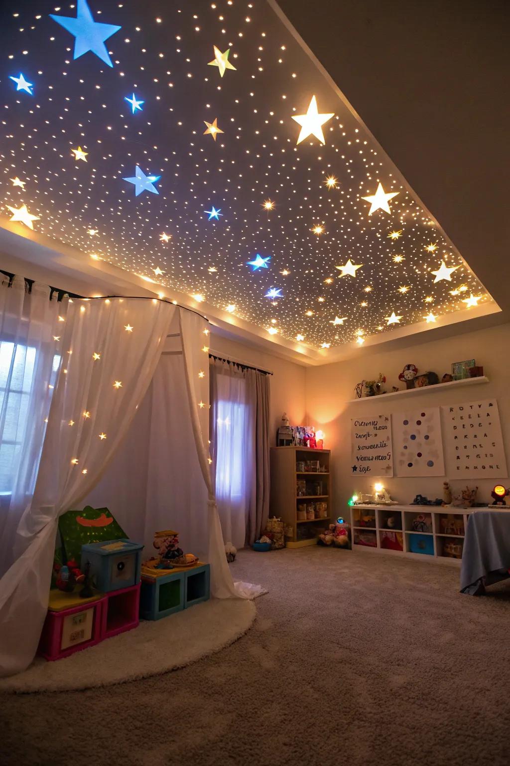 A starlit evening canopy transforms the playroom into a dreamscape.