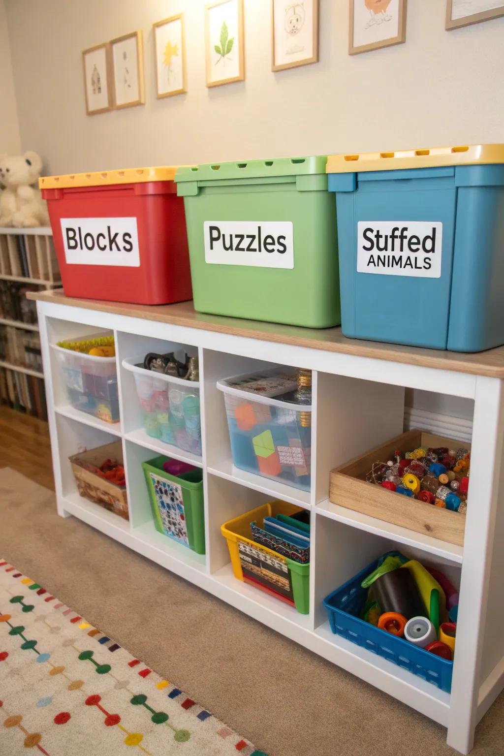 Playroom bins with clear labels, ensuring all items are in their place.
