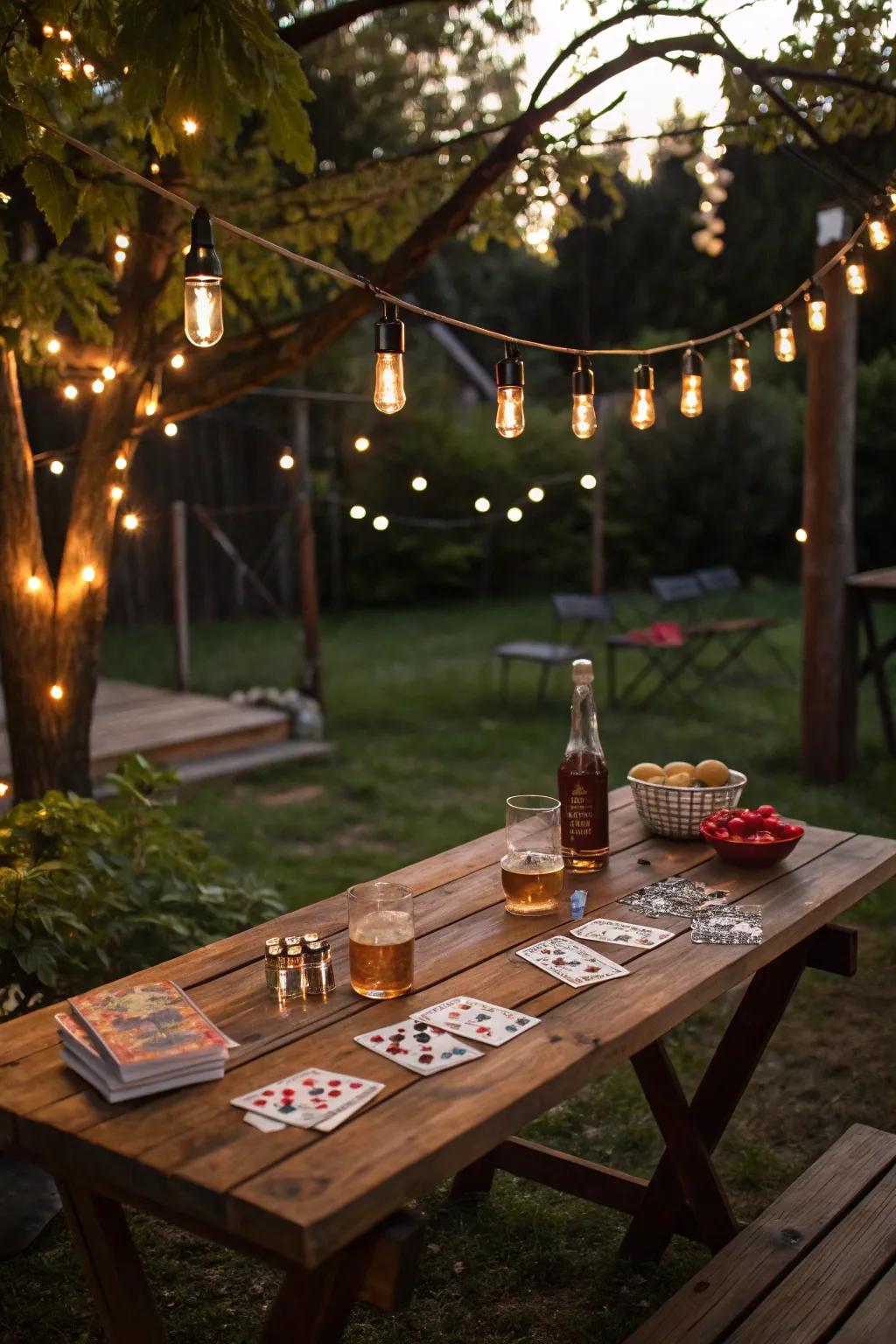 Engage in a game beneath the starry sky using an outdoor poker setup.
