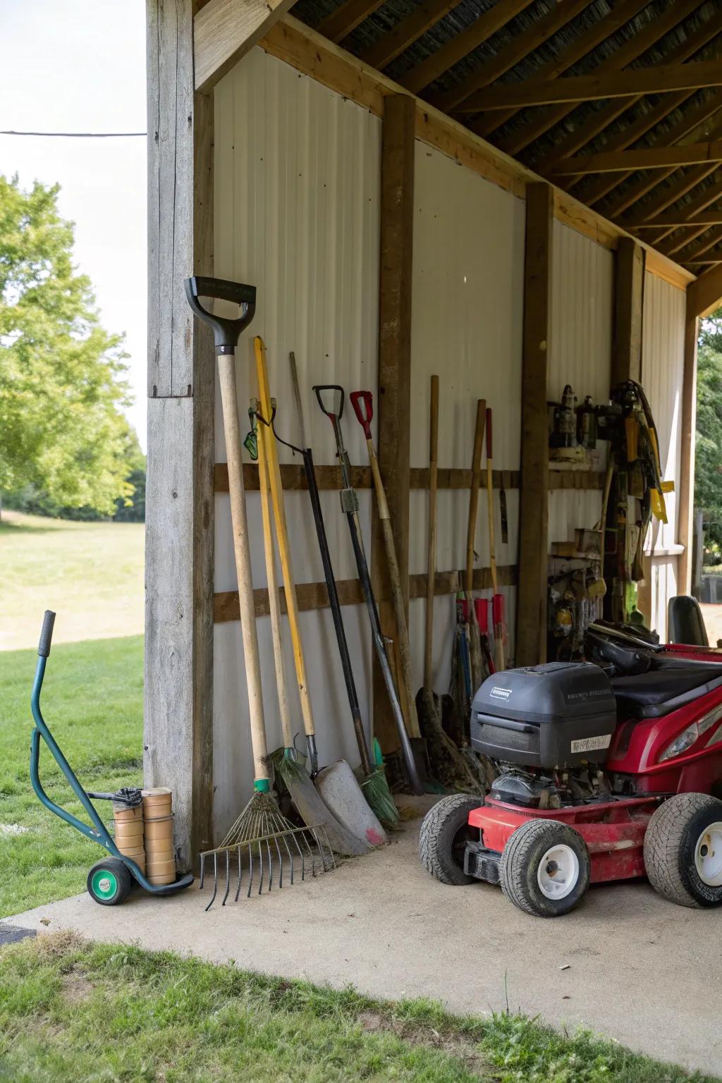 A dedicated space for vehicles and equipment keeps them ready for use.