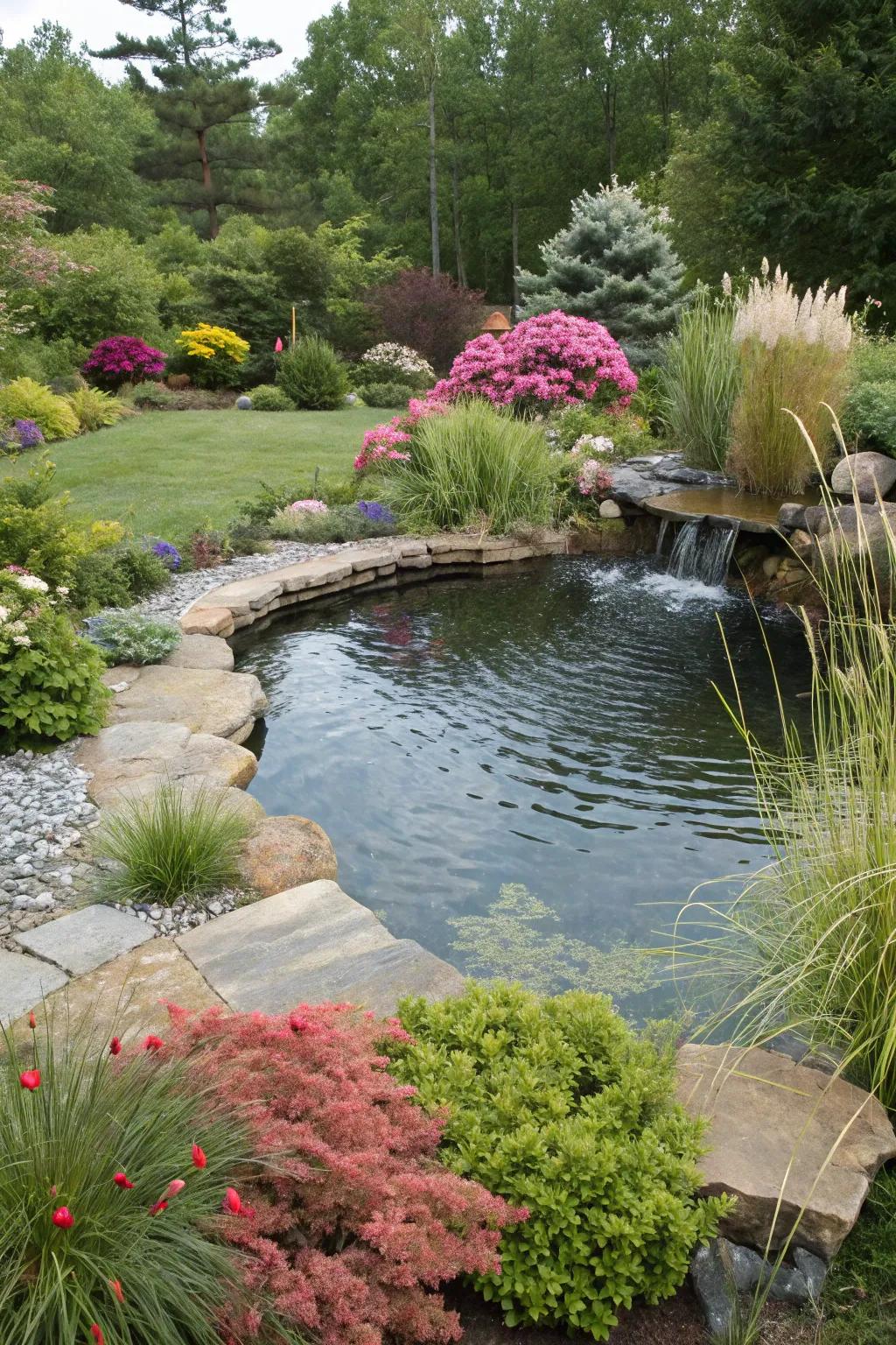A backyard pond embraced by lush and varied landscaping.