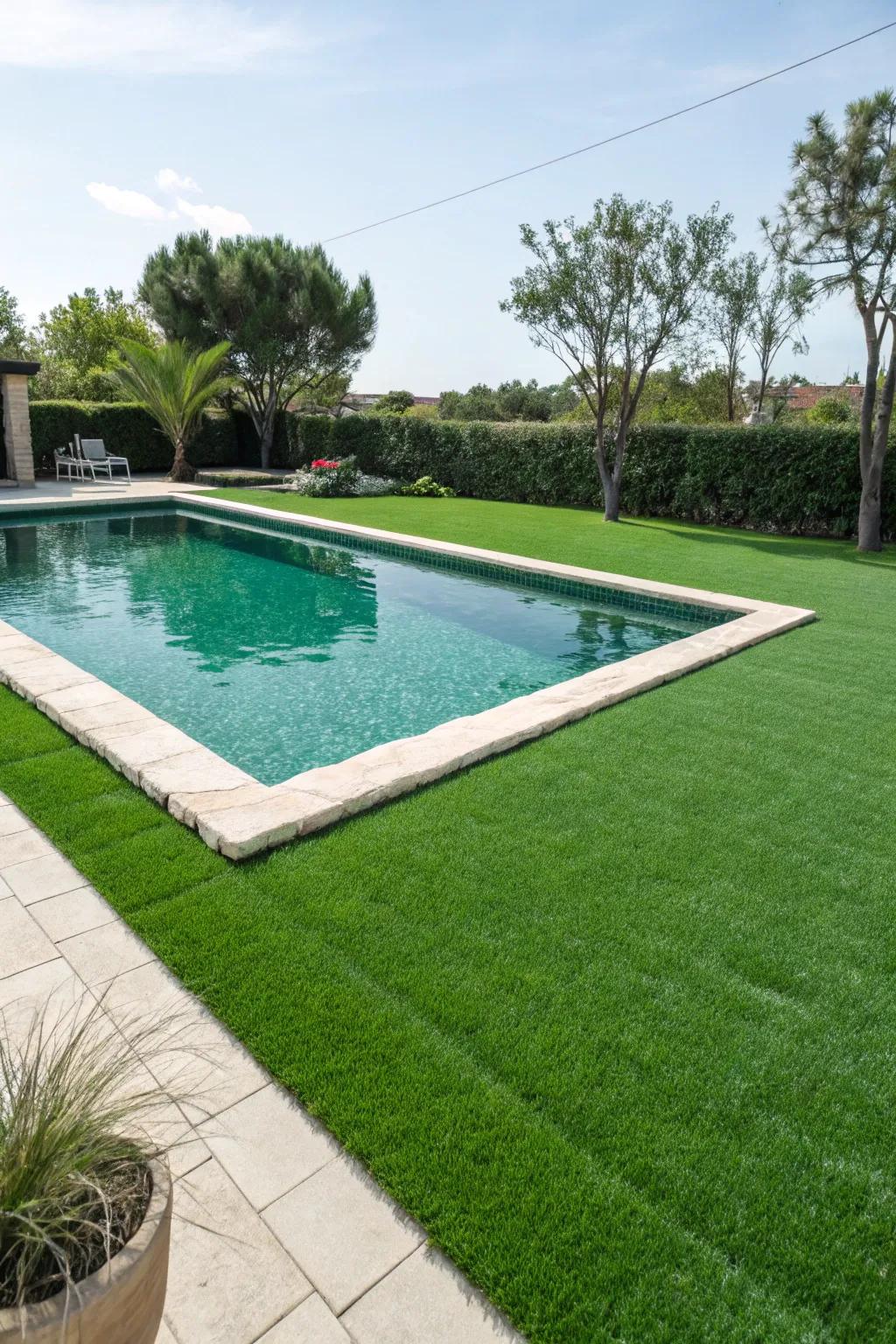 Artificial turf delivers a low-maintenance green choice for pool decks.