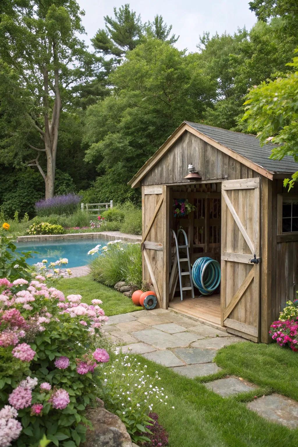 A shed designed to match the style of the home&rsquo;s architecture.