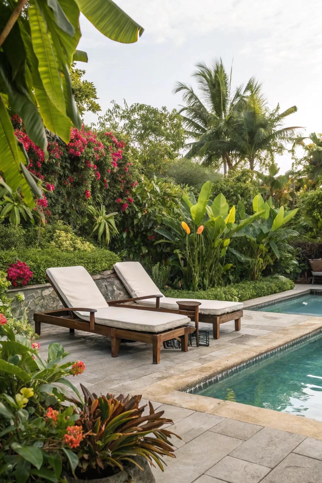 Lush foliage enhances the tranquil atmosphere of your poolside getaway.