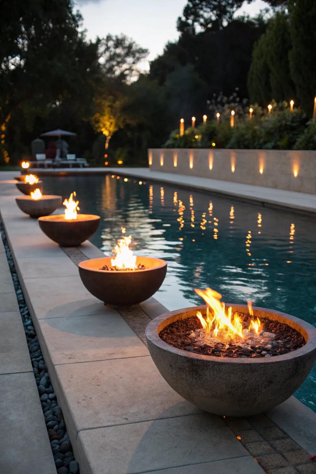 A pool featuring fire vessels, establishing a warm, welcoming ambiance.