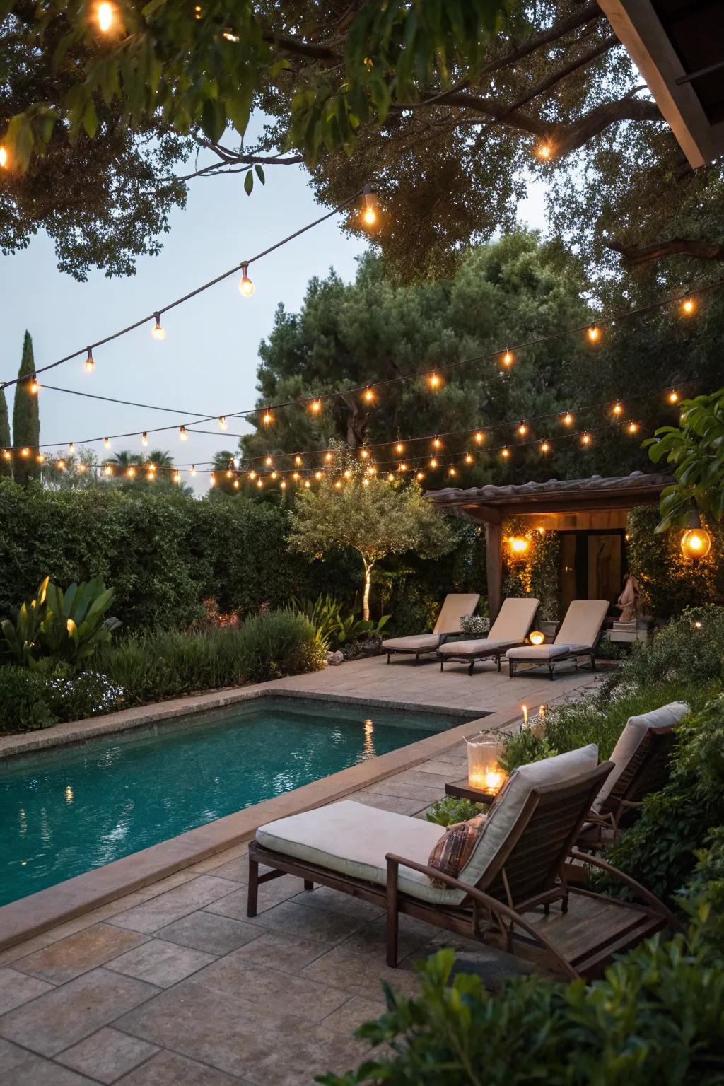String lights add a magical touch to any poolside gathering.
