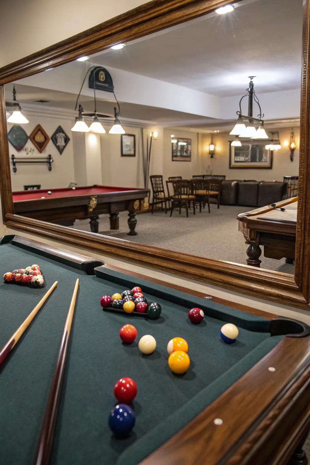 Mirrors bring in depth and light, making the small pool table room look bigger.