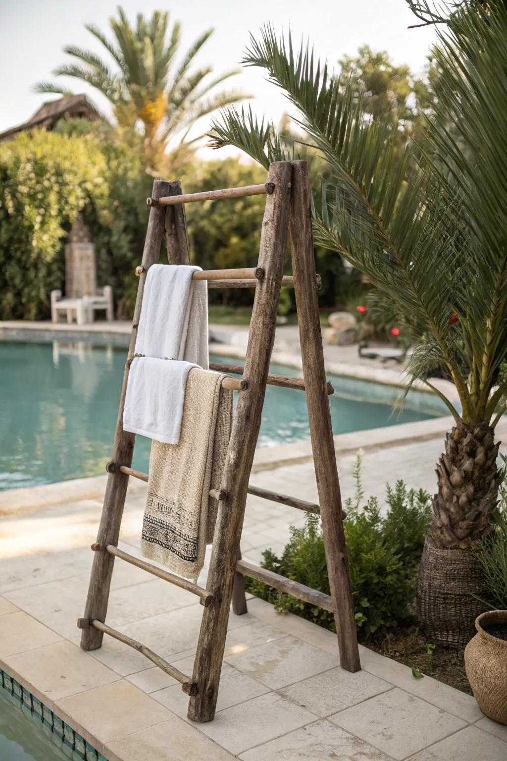 Countryside wooden rack adding charm to the poolside.