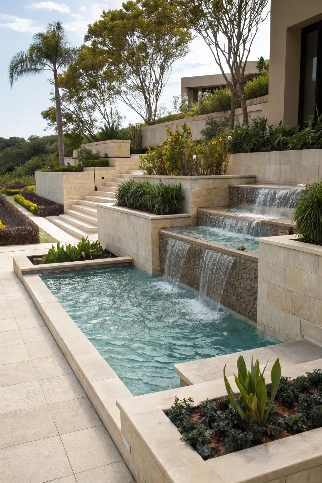 Multi-level pools provide dynamic patterns and artistic appeal.