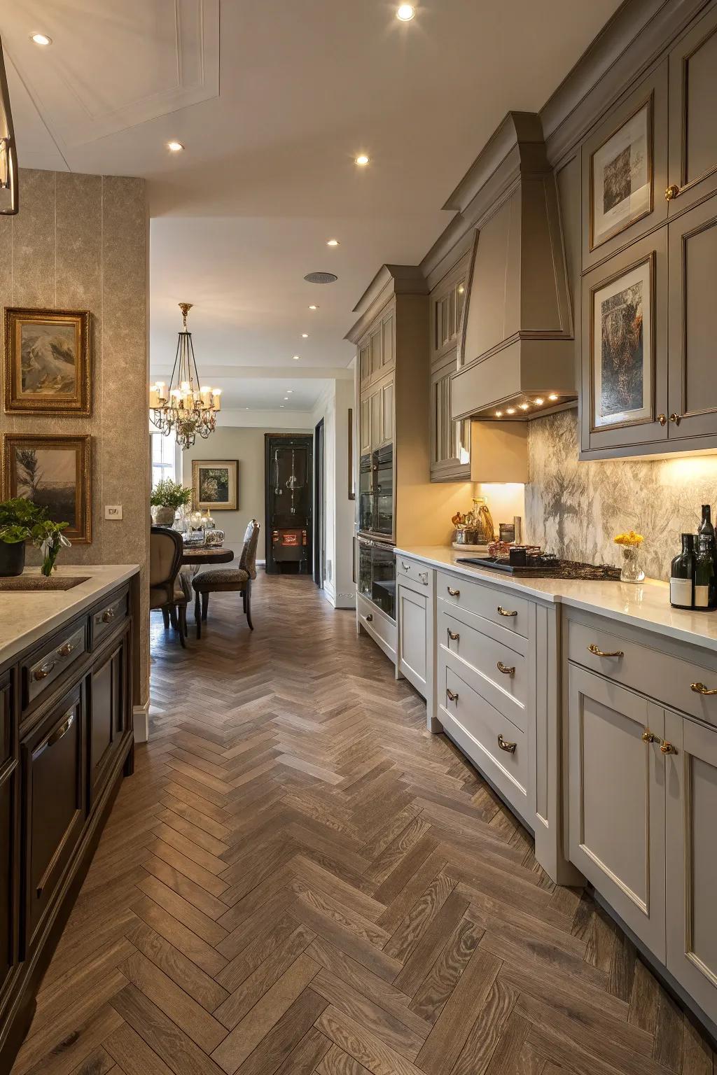 Herringbone layouts introduce refinement and visual fascination to cooking area floors.
