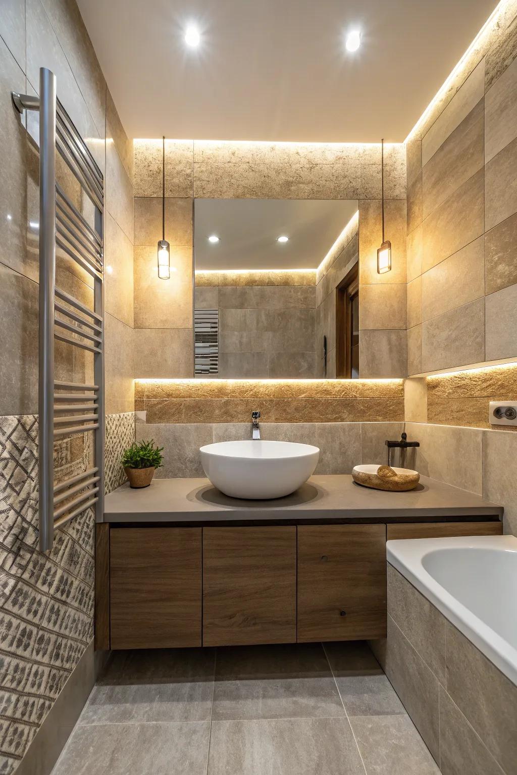 A play of textures adds depth and sophistication to this contemporary bathroom.