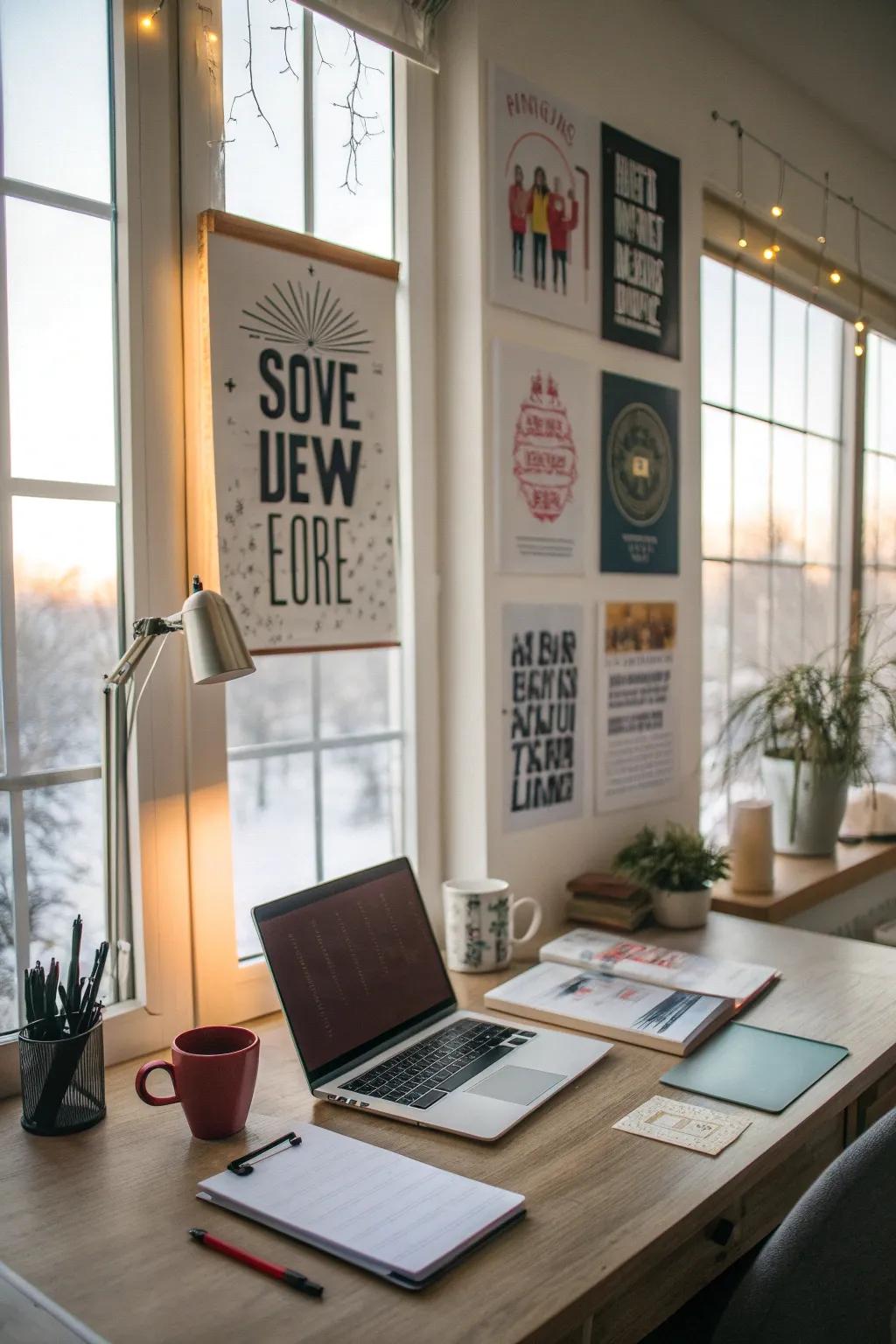 A home office with inspirational quote posters on the wall.
