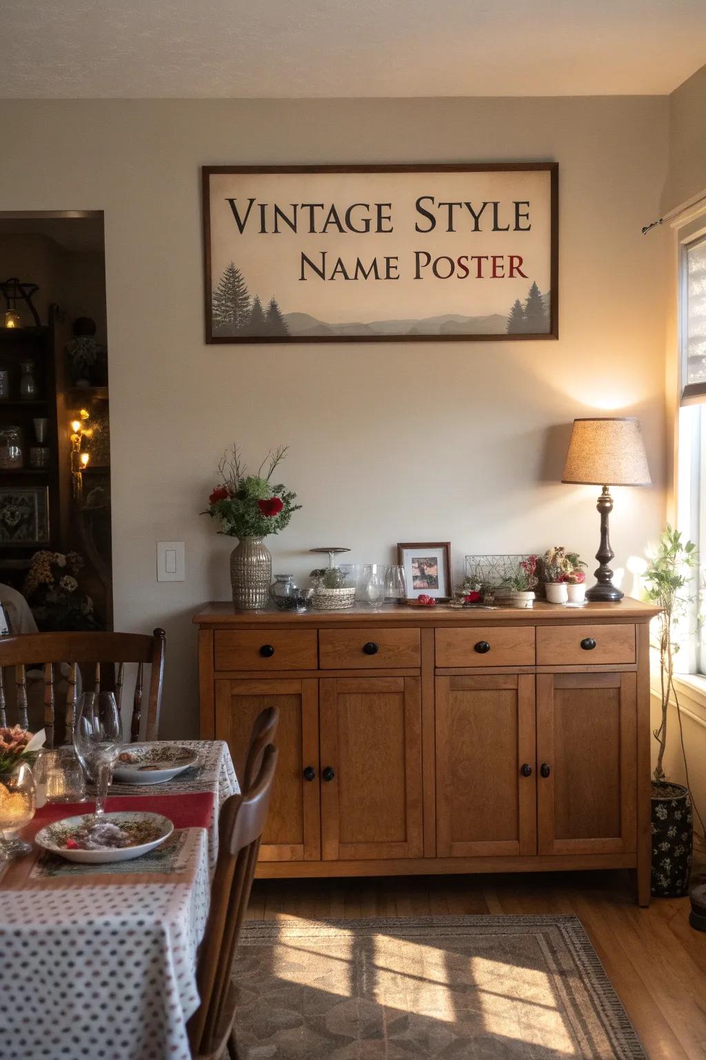 A classic name poster imparting a nostalgic allure to a dining space.