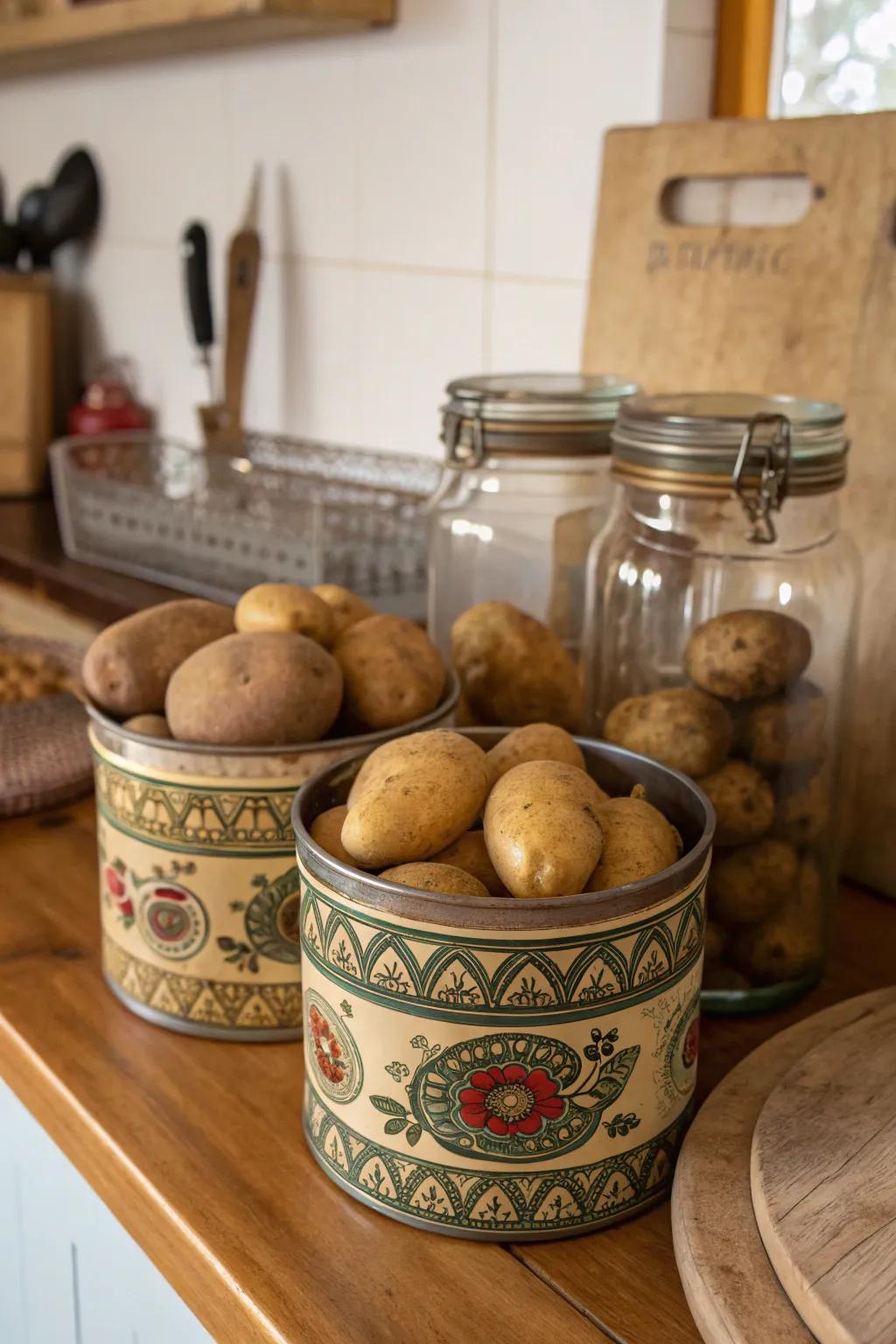 Assorted containers impart a vintage ambiance to potato storage.