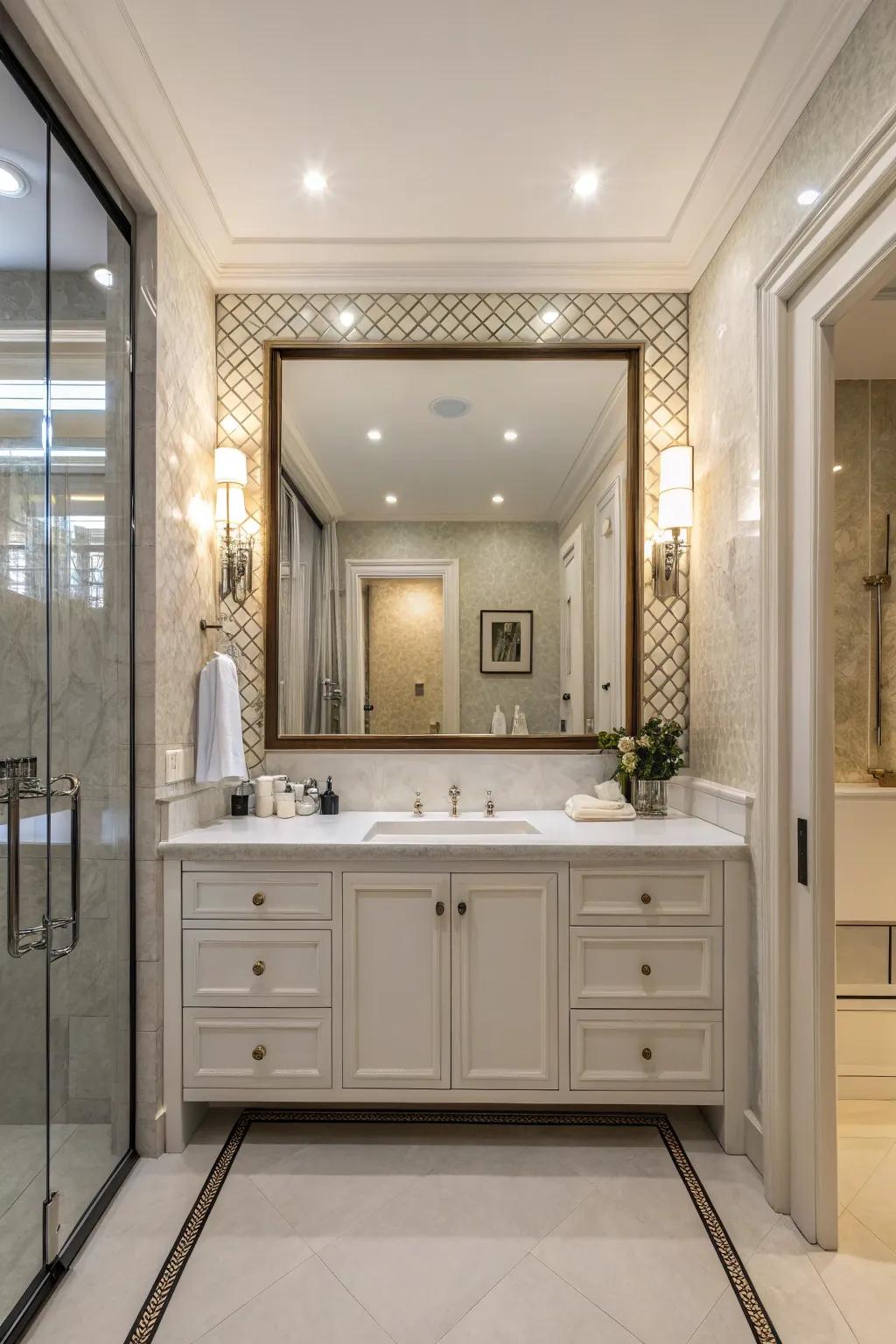 A half-bath with a generous mirror that enhances elegance and depth.