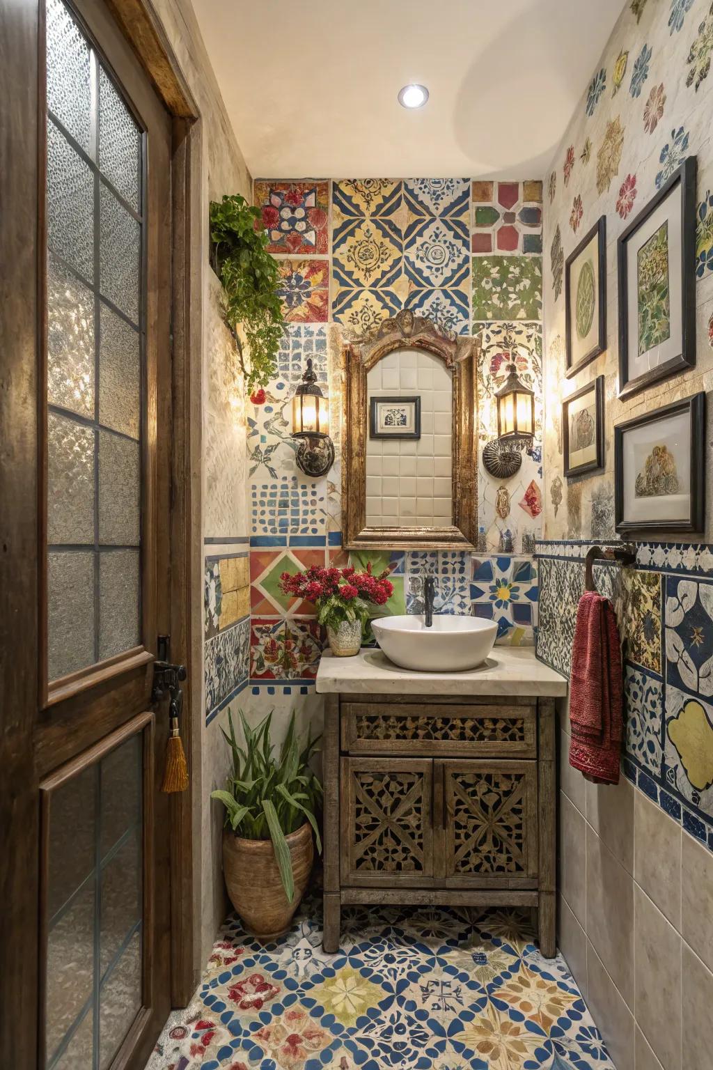 Mixing tile styles and colors adds a playful touch to your powder room.