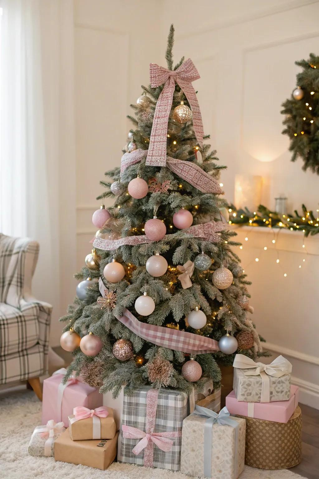 A sophisticated Christmas tree adorned with soft tones and check decorations.