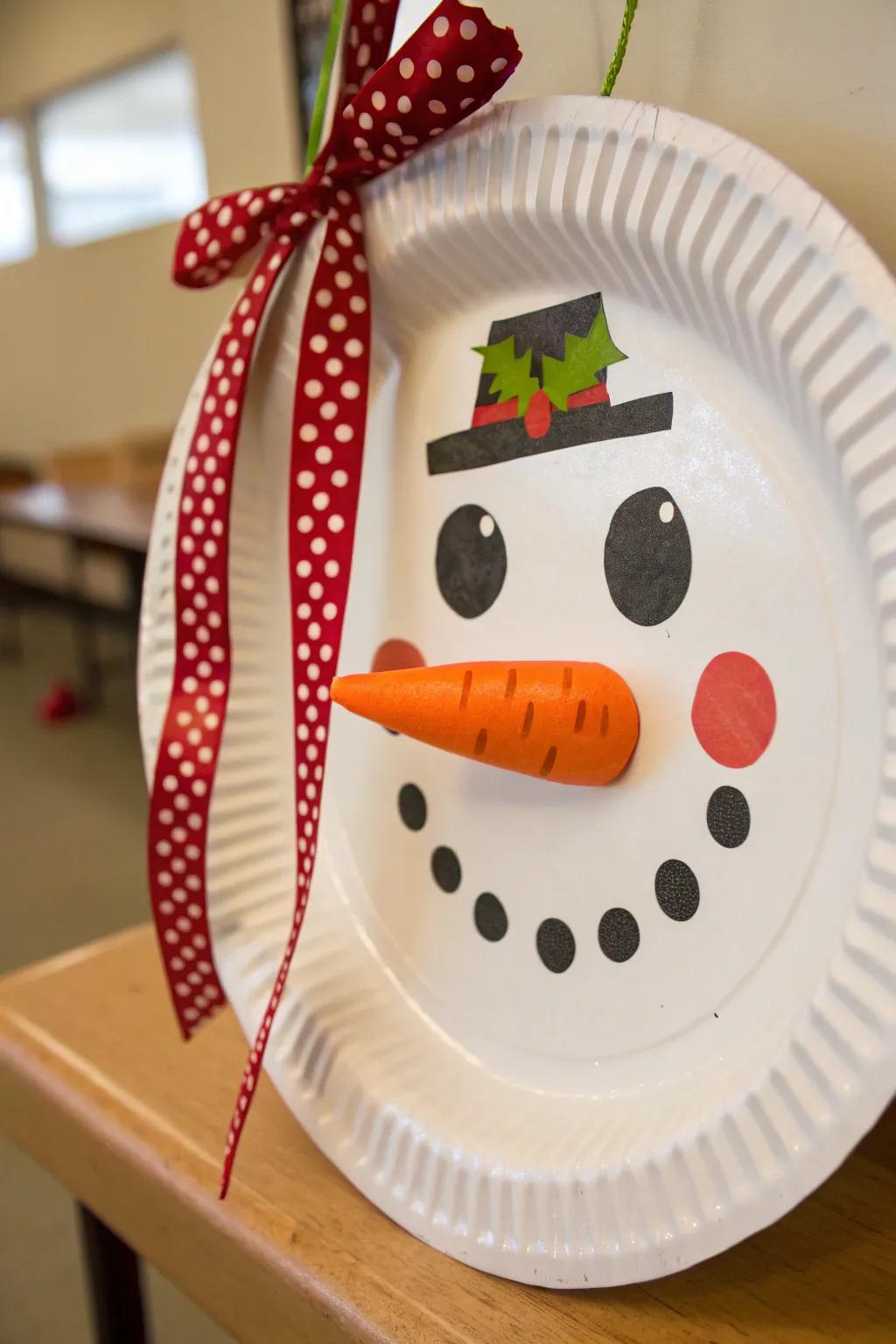 A whimsical paper platter snow person ornament, impeccable for eliciting grins from everyone.