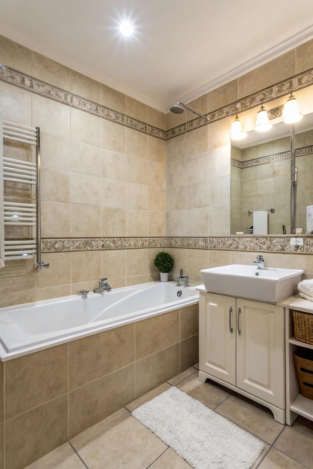 Understated hues deliver a comforting and lasting lavatory atmosphere.