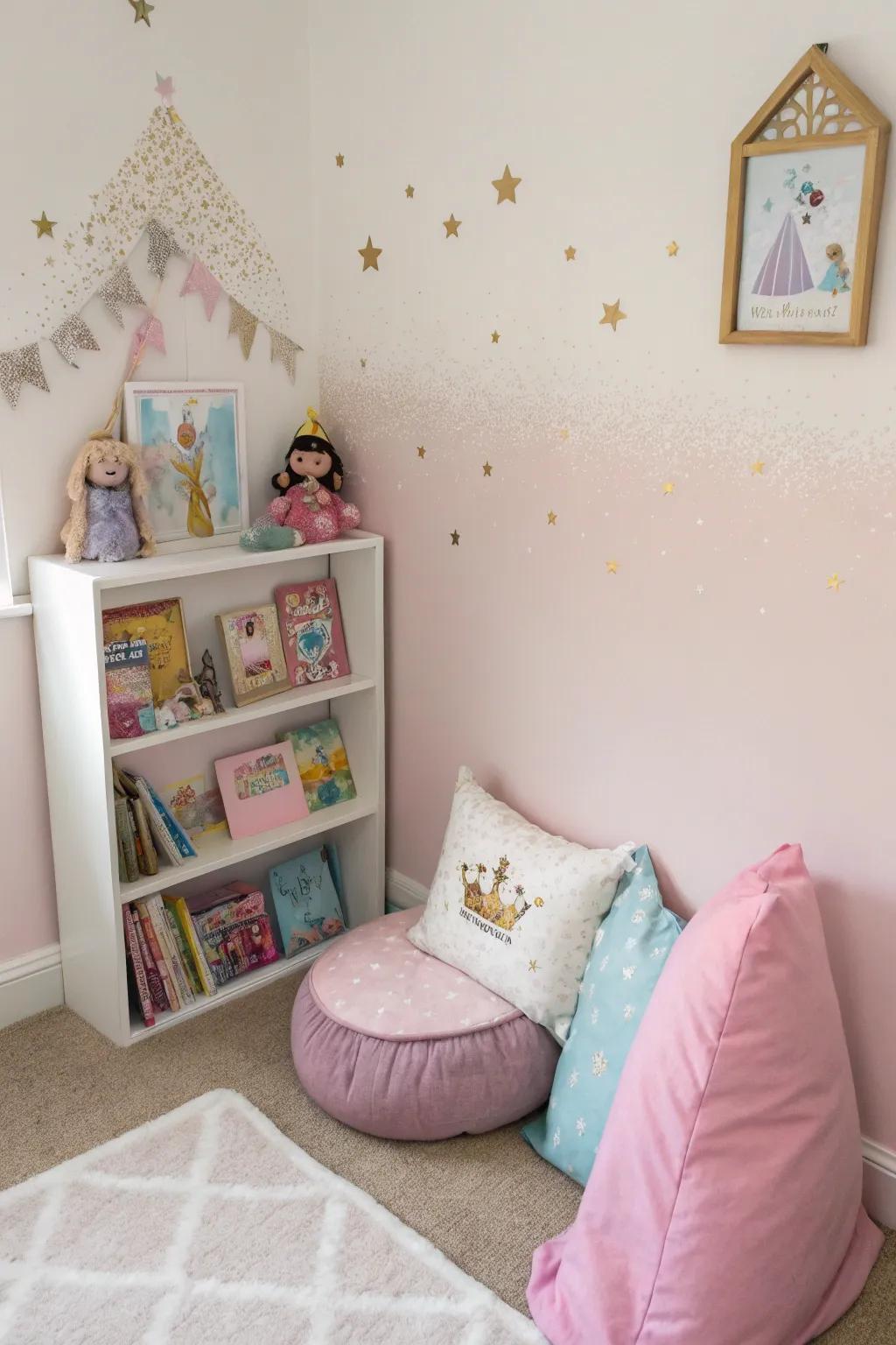 A reading nook invites relaxation and imagination.