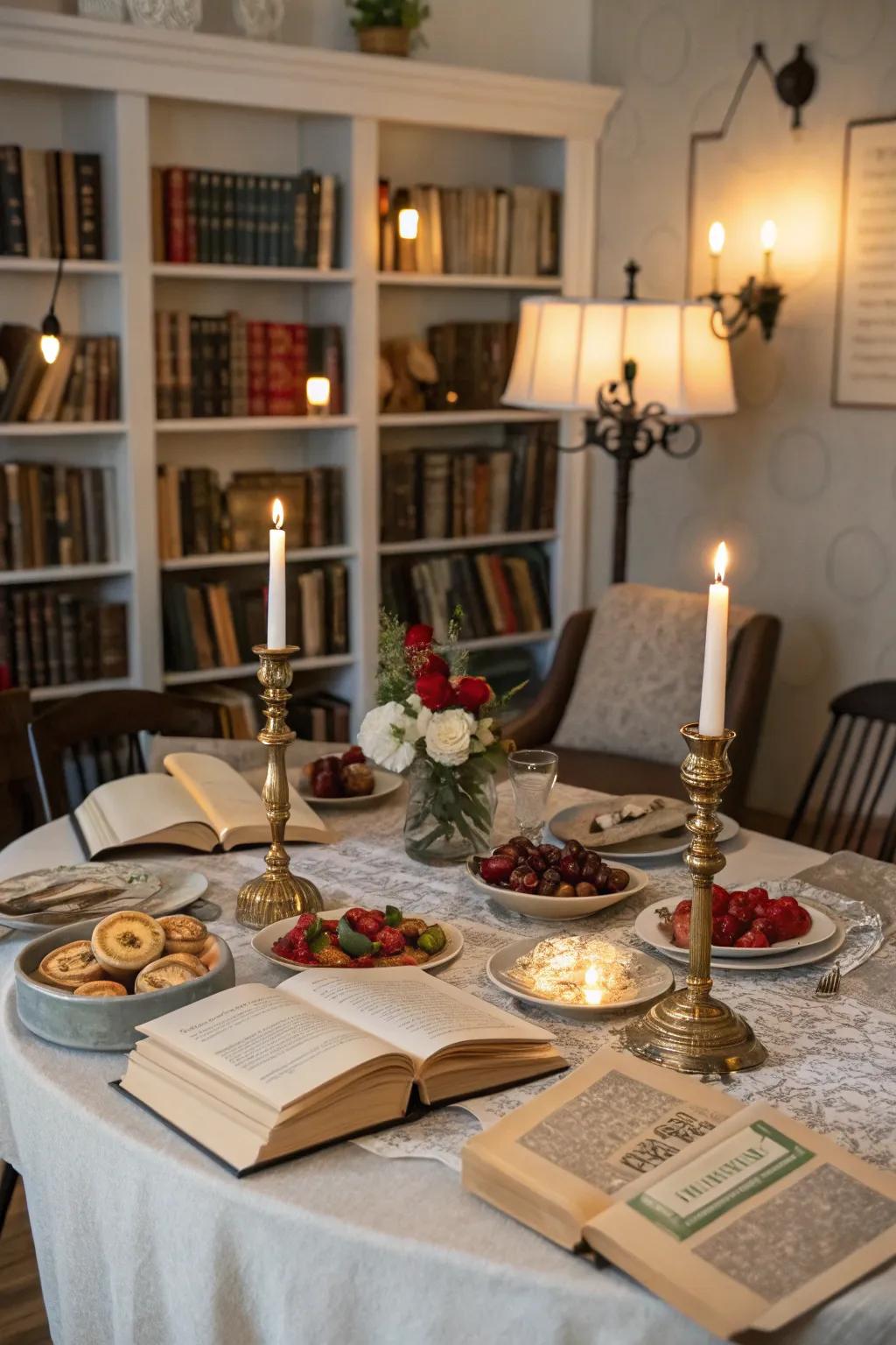 A dining arrangement inspired by timeless literature, featuring books and themed ornaments to complement the dishes.