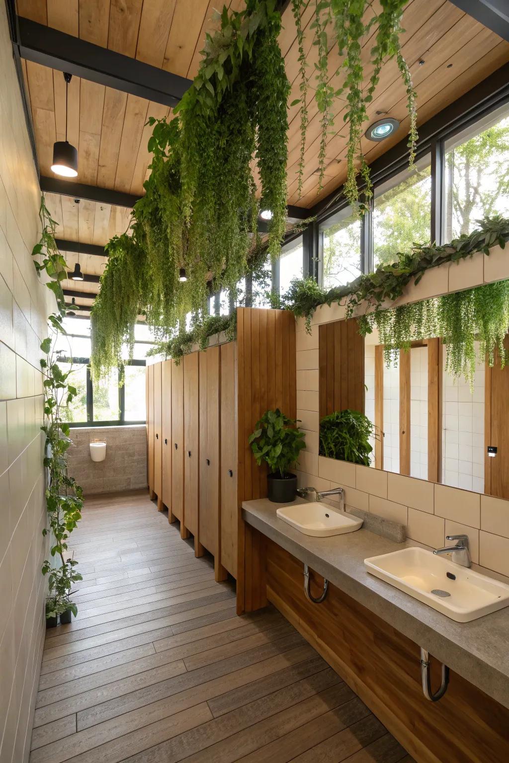 Natural accents introduce a revitalizing and calming touch to shared restrooms.