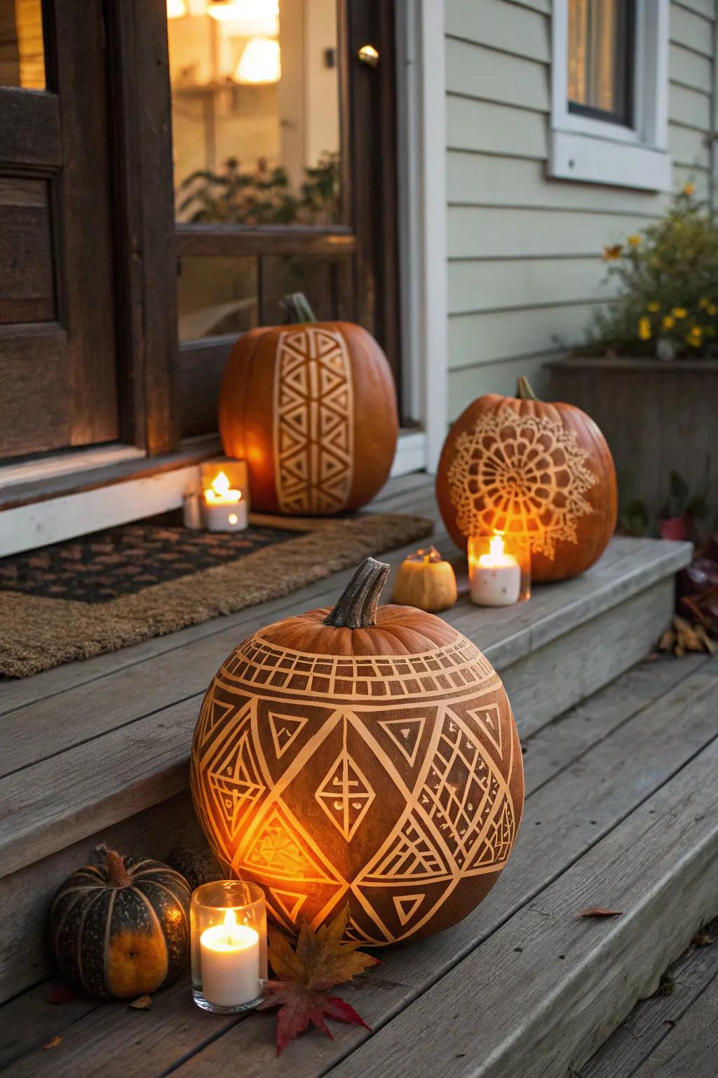 Deeply carved pumpkins with glowing patterns.