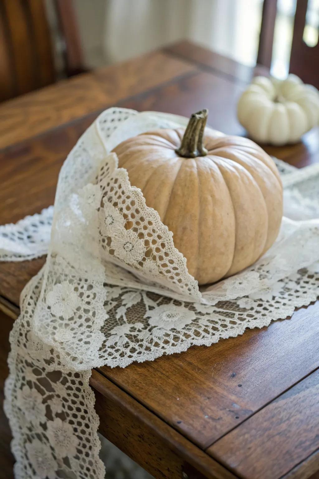 Lace-wrapped pumpkins radiate sophistication and charm.