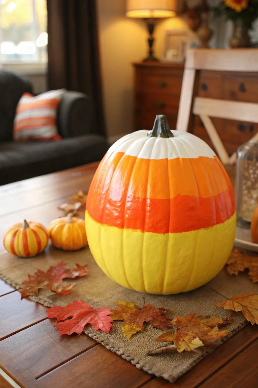 A sweet candy corn pumpkin adding color to fall decor.
