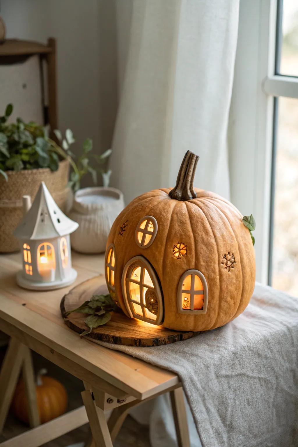 Salutations to your captivating haven: a pumpkin fairy edifice radiating softly in Scandinavian-Boho vogue.