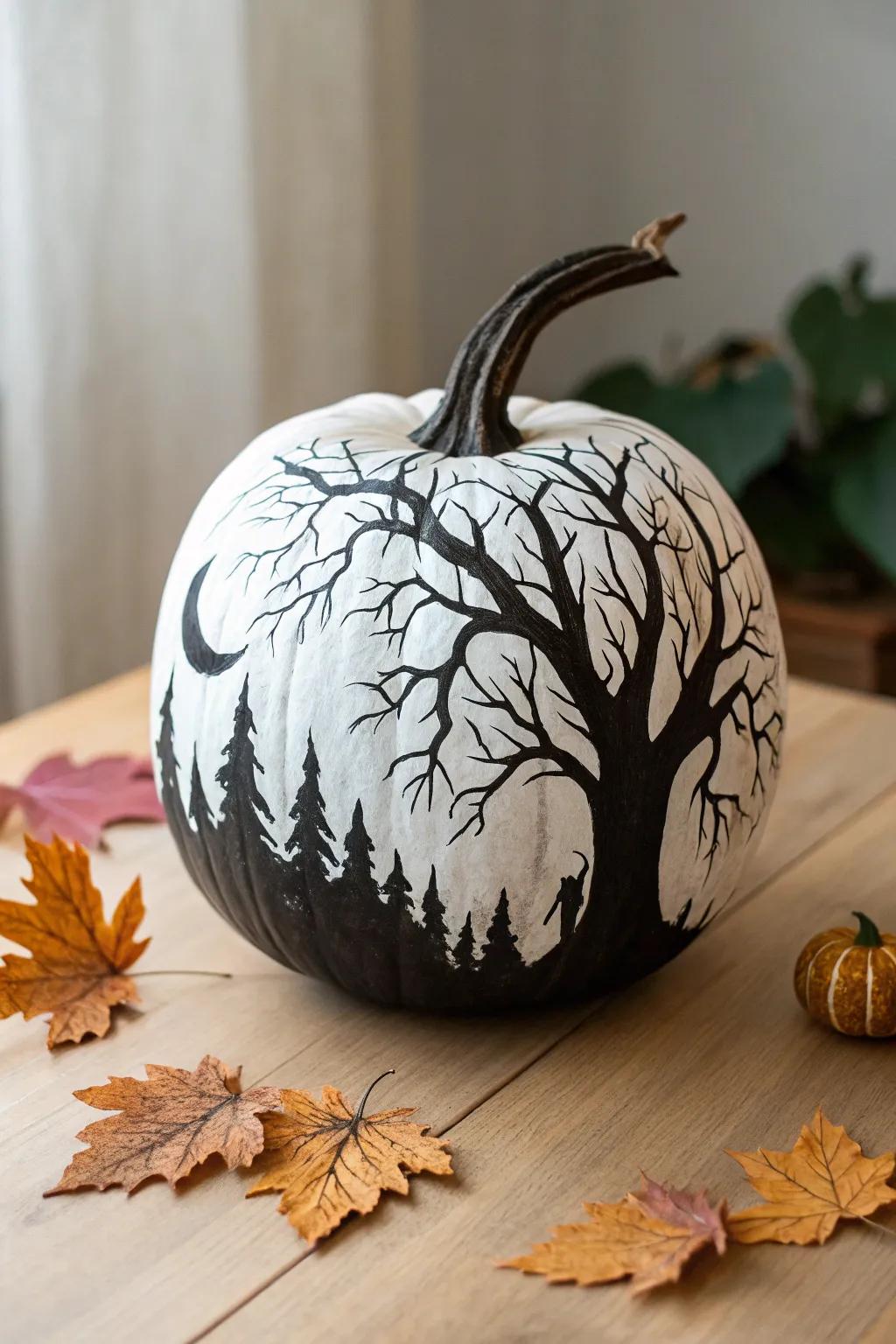Transform your pumpkin into a mysterious masterpiece with shadowy forest scenes. Embrace the allure of simplicity this Halloween!