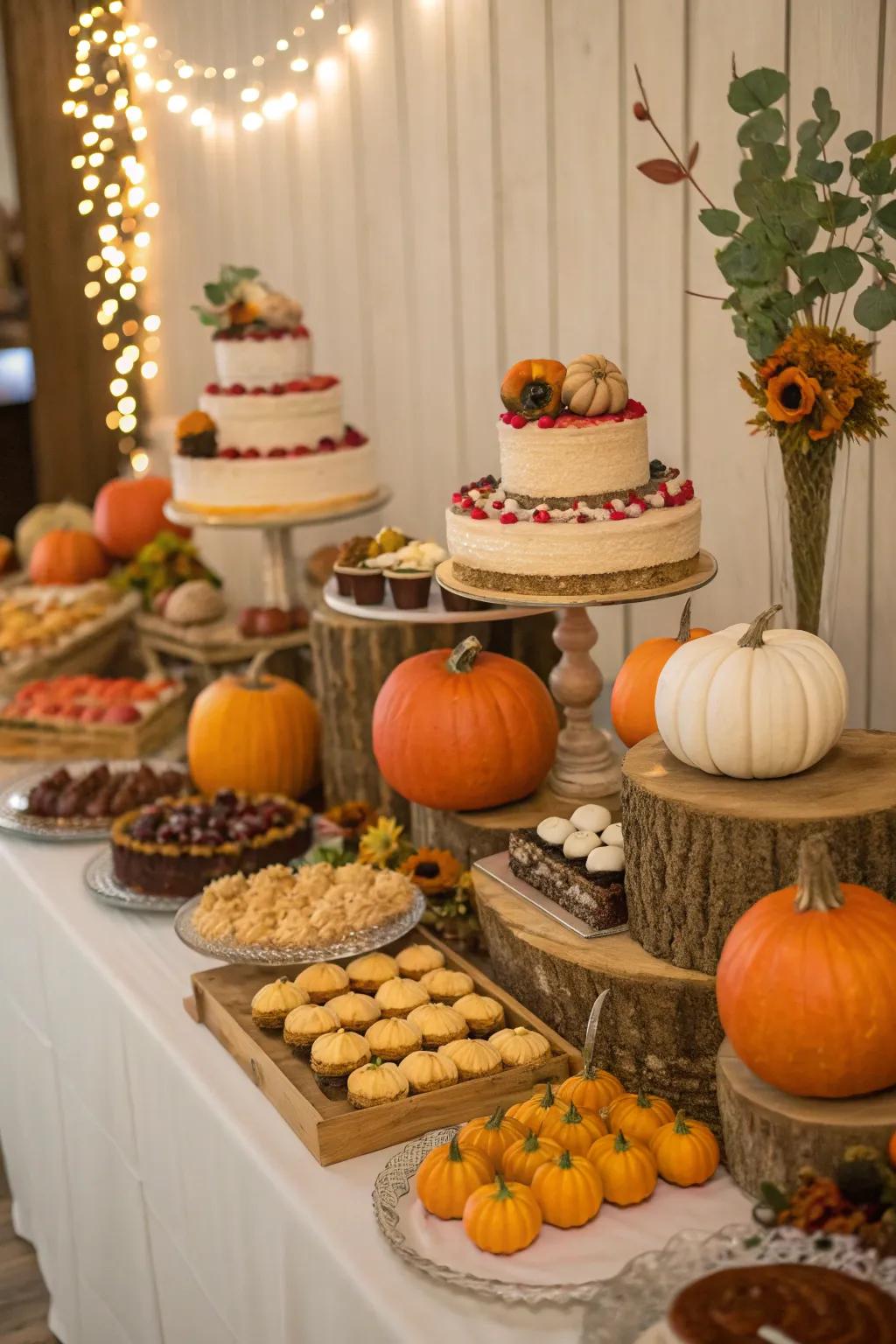 A dessert table adorned with charming gourd decorations.