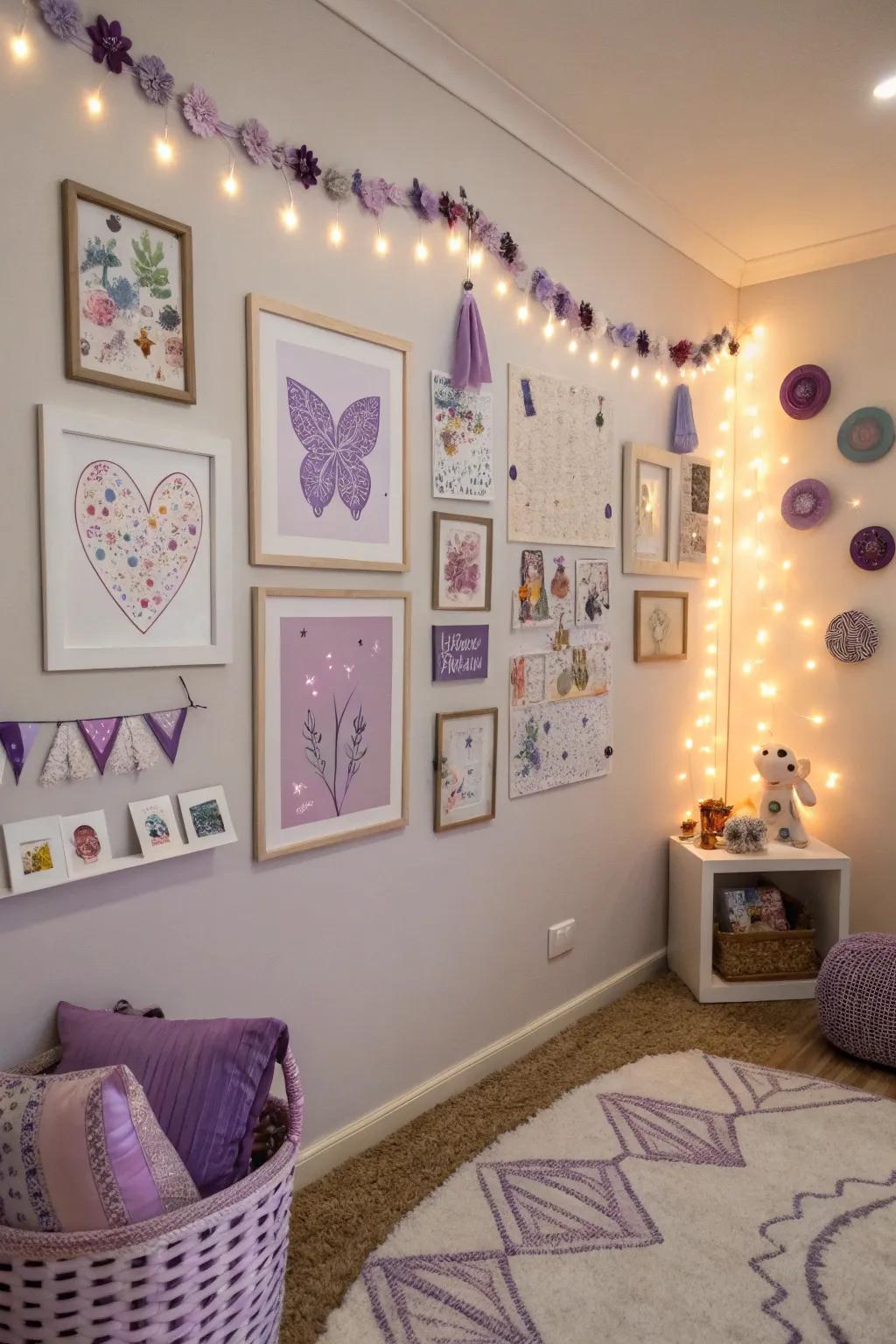 Purple-themed wall art adds personality to the space.