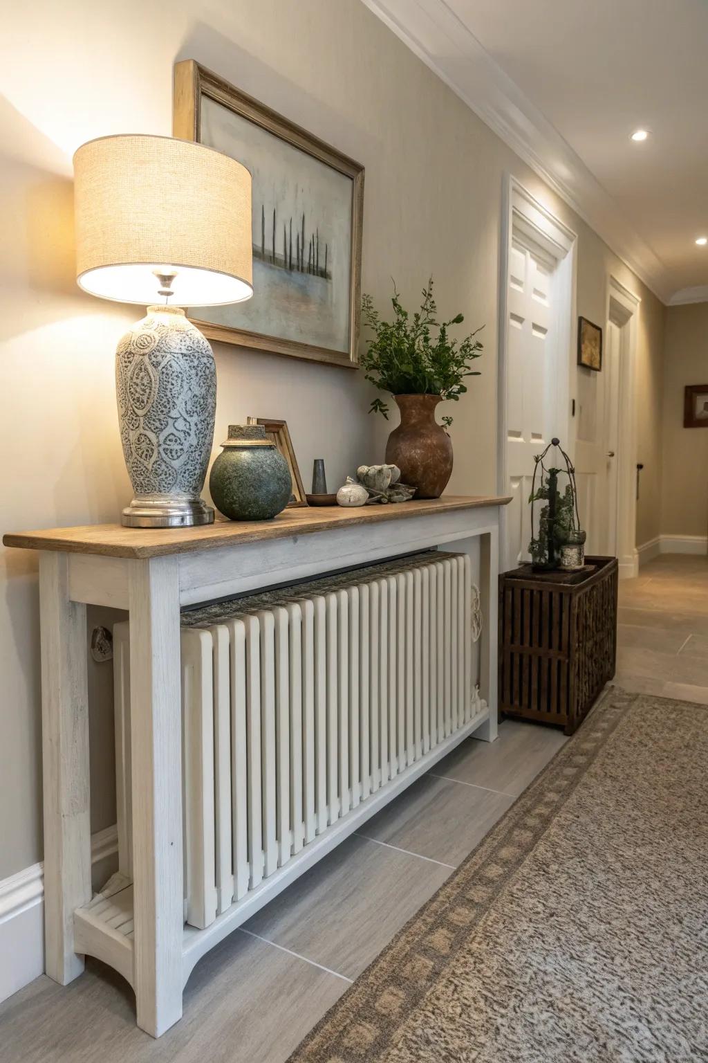 A radiator enclosure serves as a functional console table in a foyer.