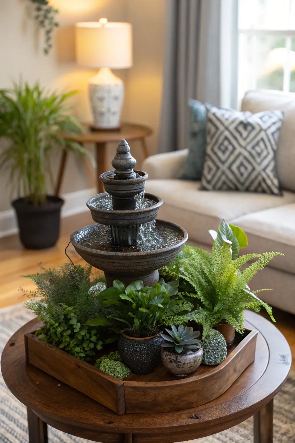 Include a water feature for a calming rainforest ambiance.