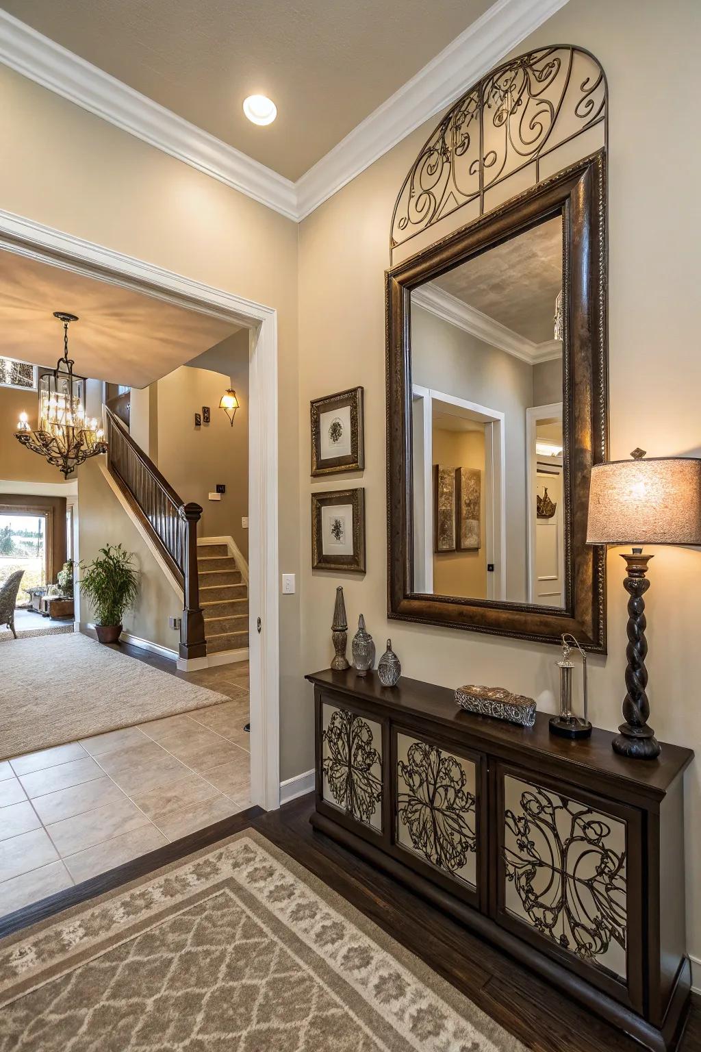 Wall decor or mirrors add personality and make the entrance area more visually interesting.