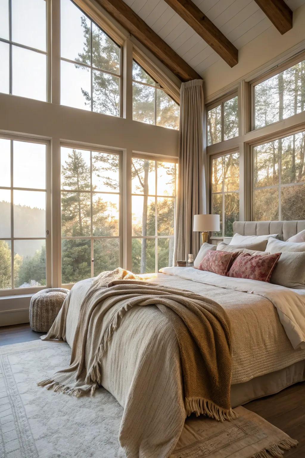 A bright bedroom with generous windows allowing sunlight to flood the space.