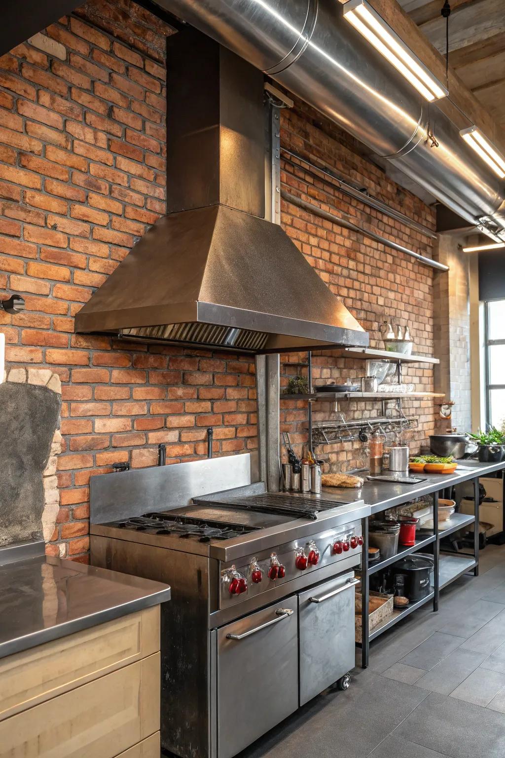 An industrial kitchen featuring a metallic vent hood and bare brick for a chic urban vibe.