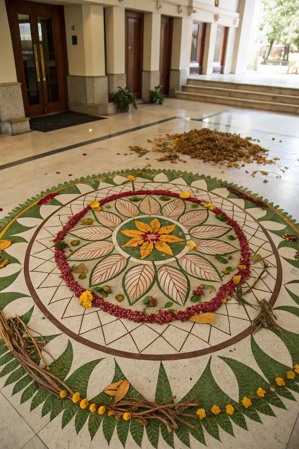 Raw elements such as foliage introduce a distinctive and eco-friendly dimension to this floor art.