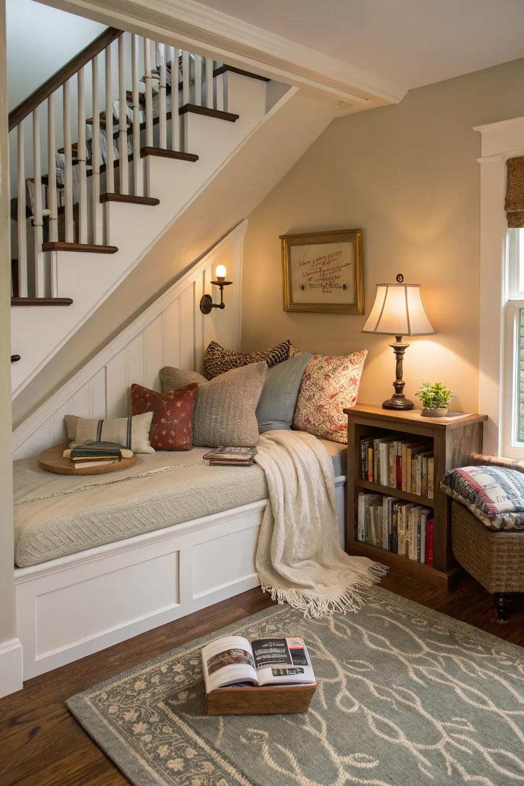 A secret reading nook situated beneath a staircase that invites serene moments.