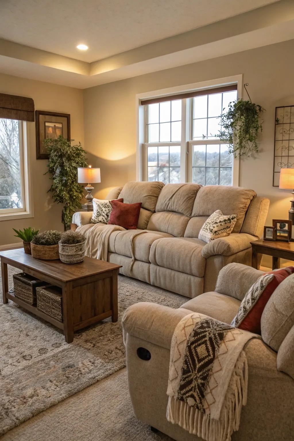 A practical and cozy living area anchored by a spacious reclining sofa.