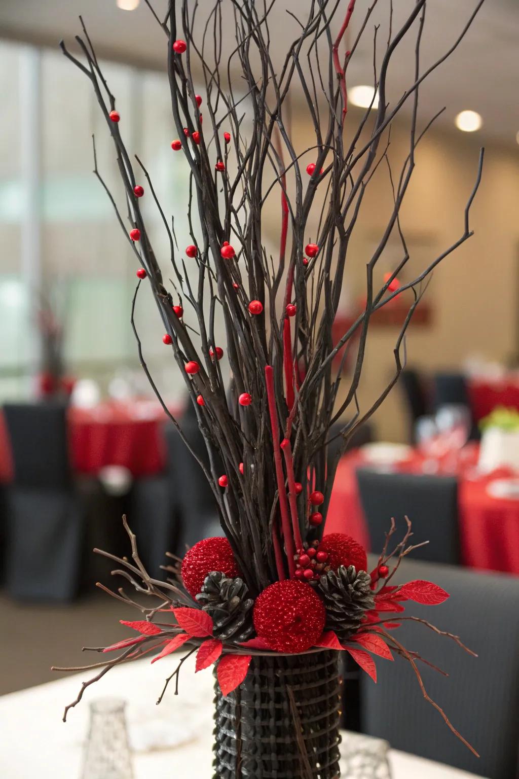Obsidian twigs featuring scarlet accents compose an inventive and imaginative centerpiece.