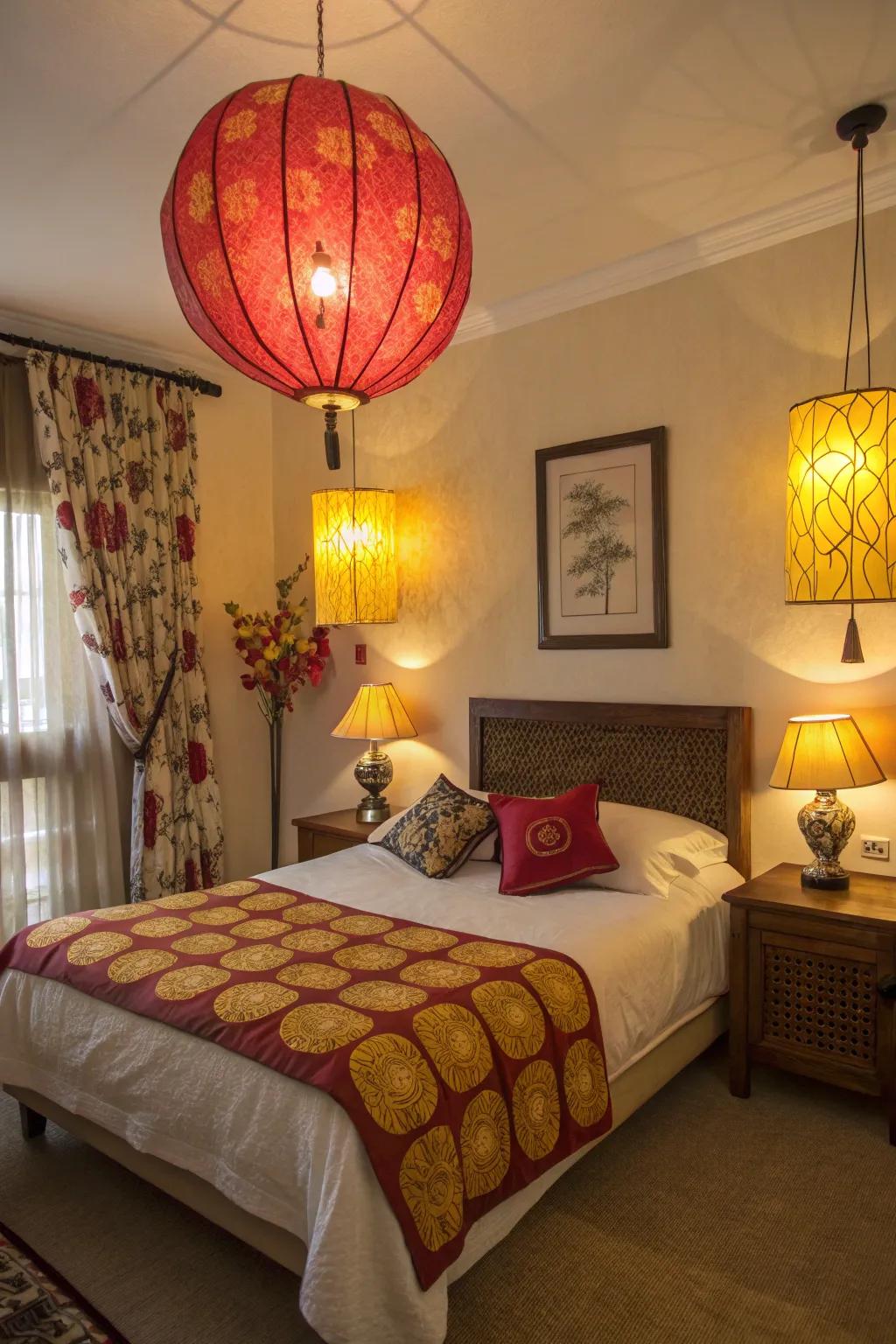 Gentle lighting enriches the comfortable ambiance in this red and yellow-themed bedroom.