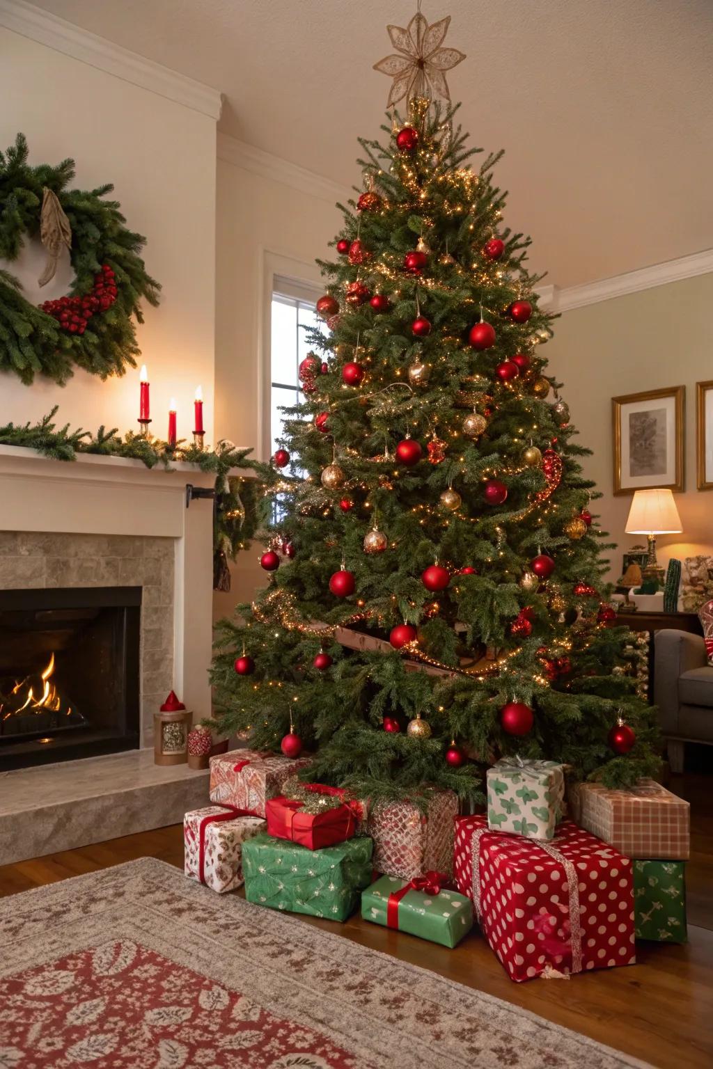 Traditional Christmas tree with red and green decor