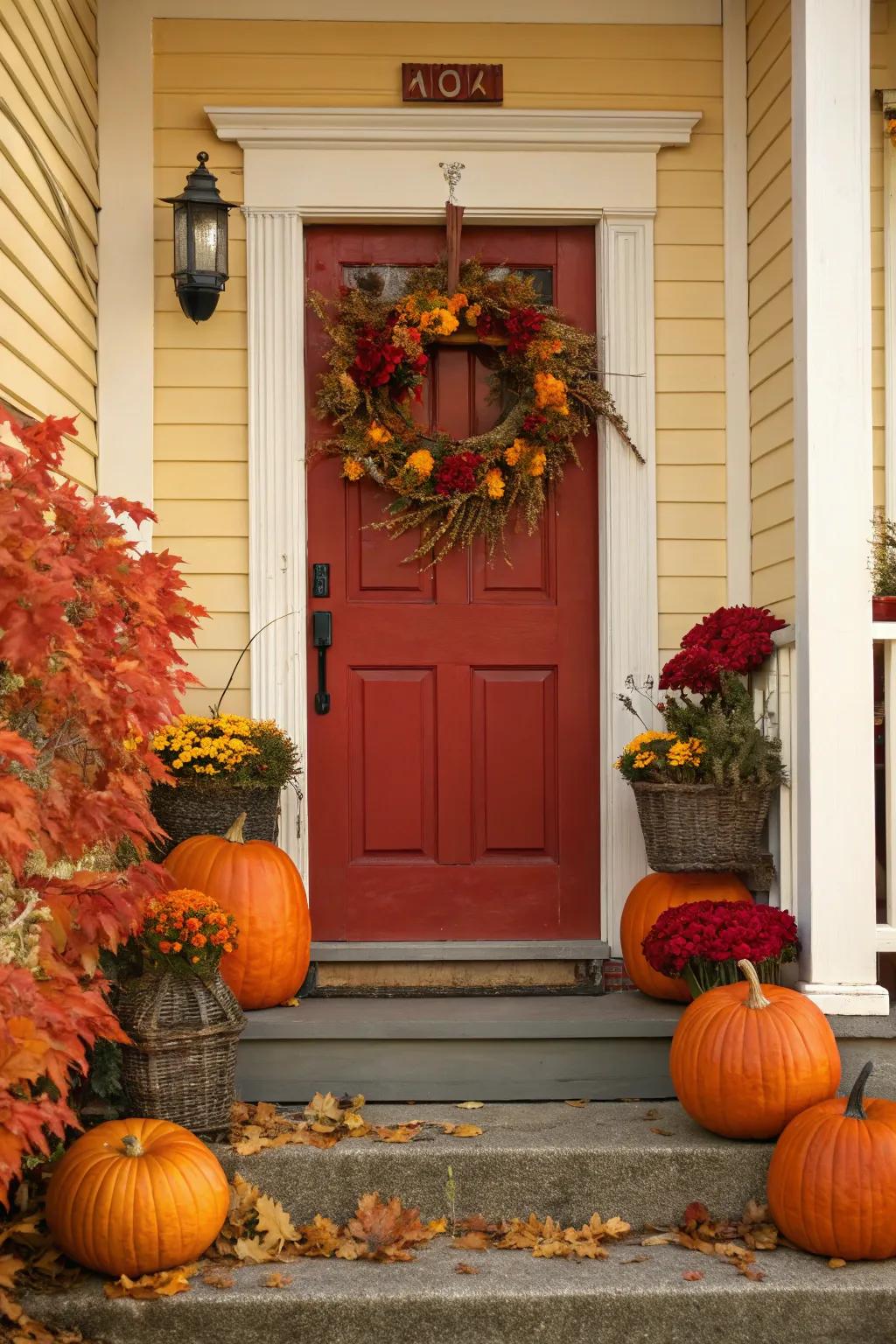 Crimson door adorned with seasonal fall decorations.
