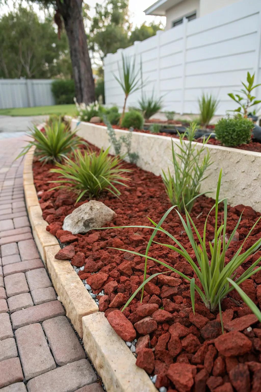 Red lava rocks serve as a low-maintenance mulch, minimizing weeds.